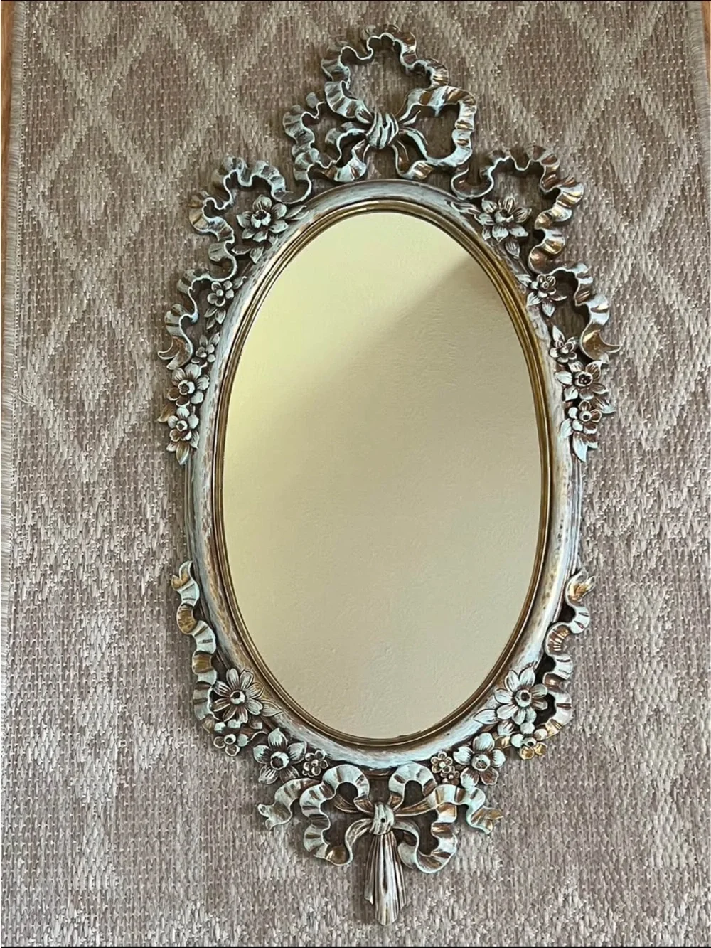 Vintage Syroco Gold Blue Painted Baroque Style Floral Ribbon Oval Wall Mirror